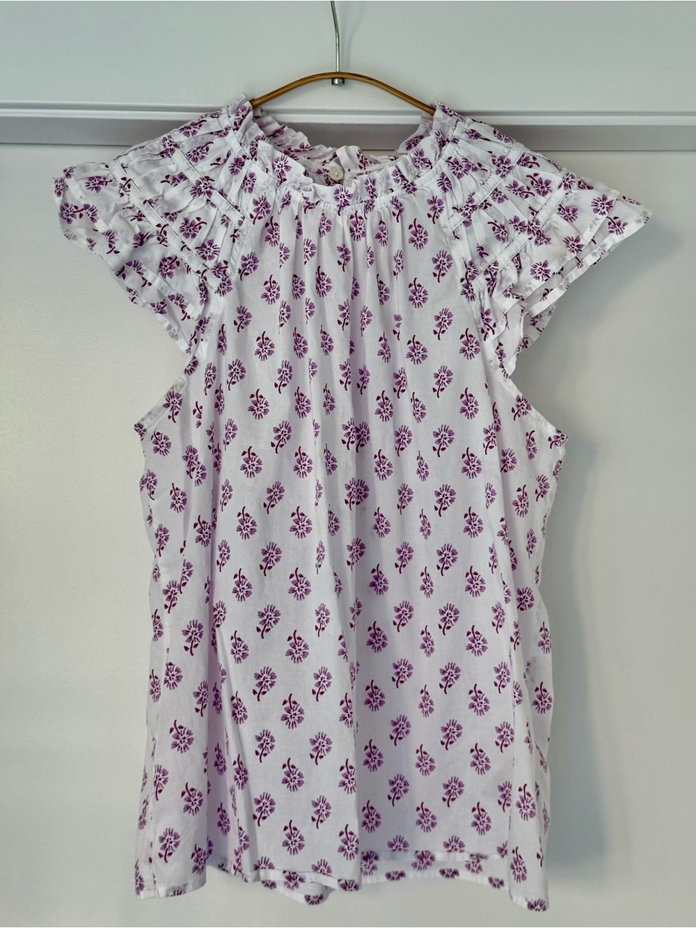 J. Crew White & Purple Ruffle Neck Sleeveless Top